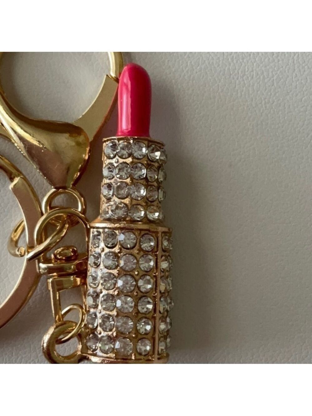 Pink Lipstick Rhinestone Case Keychain Purse Decore